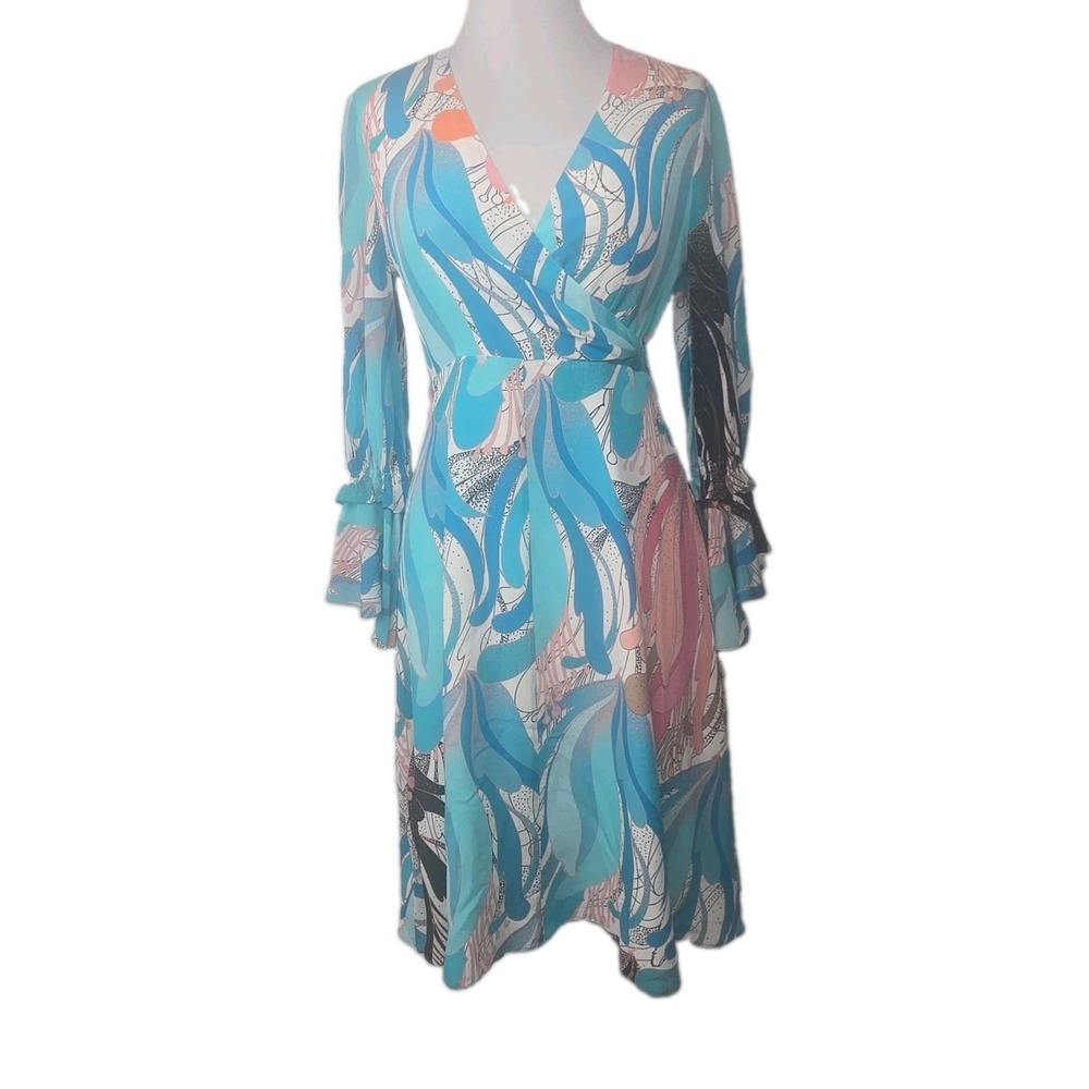 Kobi Halperin Gianna Dress XS Mint Multi Color 100% Silk Faux-Wrap Lined EUC